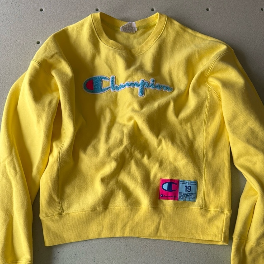 CHAMPION 19 REVERSE WEAVE Bright Yellow Cotton Blend Crewneck SWEATSHIRT